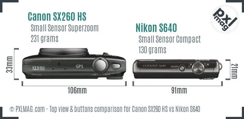 Canon SX260 HS vs Nikon S640 top view buttons comparison Canon SX260 HS vs Nikon S640 top view buttons comparison