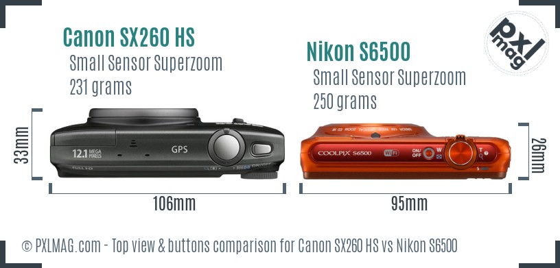 Canon SX260 HS vs Nikon S6500 top view buttons comparison