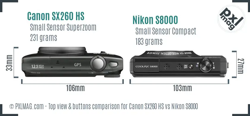 Canon SX260 HS vs Nikon S8000 top view buttons comparison