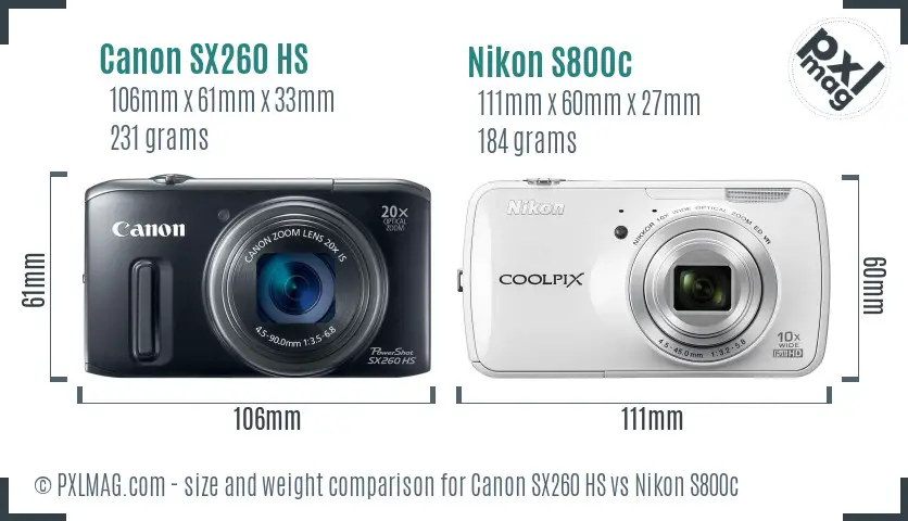 Canon SX260 HS vs Nikon S800c size comparison