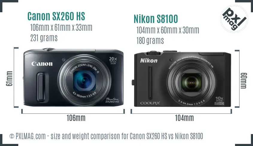 Canon SX260 HS vs Nikon S8100 size comparison