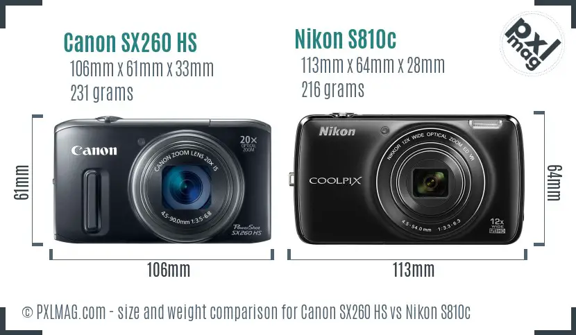 Canon SX260 HS vs Nikon S810c size comparison