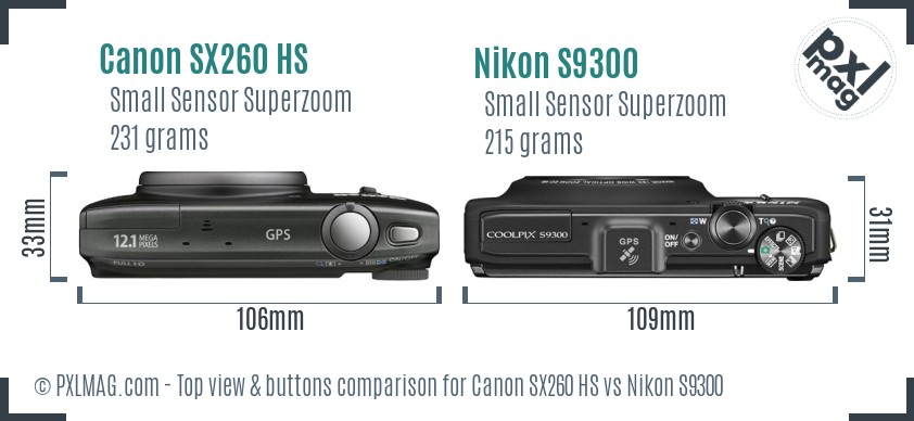 Canon SX260 HS vs Nikon S9300 top view buttons comparison