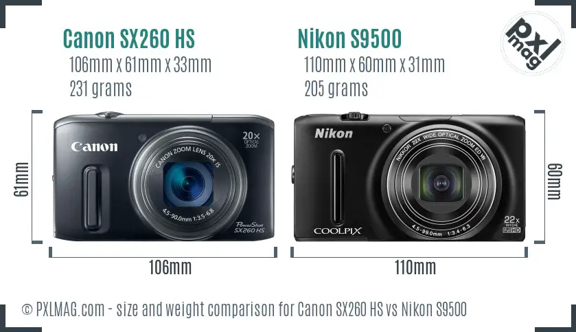 Canon SX260 HS vs Nikon S9500 size comparison