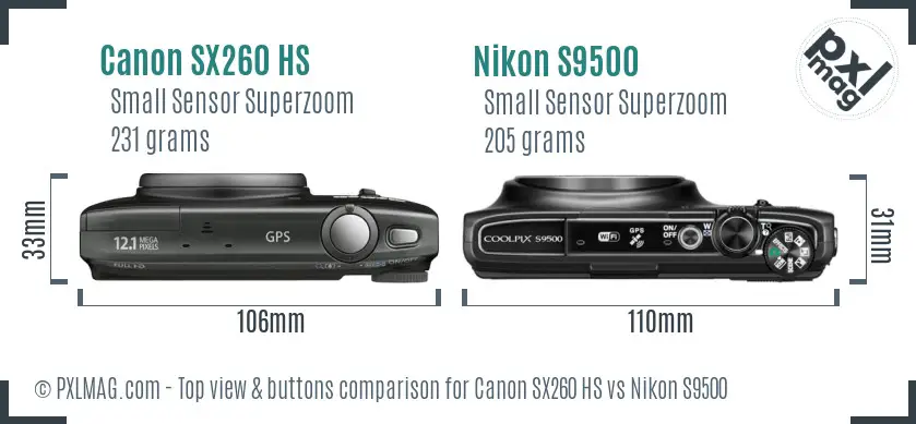 Canon SX260 HS vs Nikon S9500 top view buttons comparison