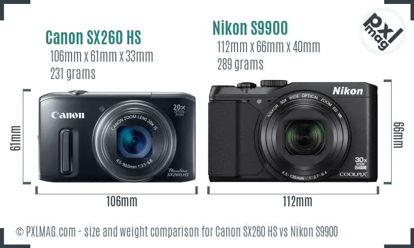 Canon SX260 HS vs Nikon S9900 size comparison