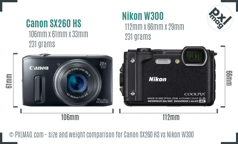 Canon SX260 HS vs Nikon W300 size comparison