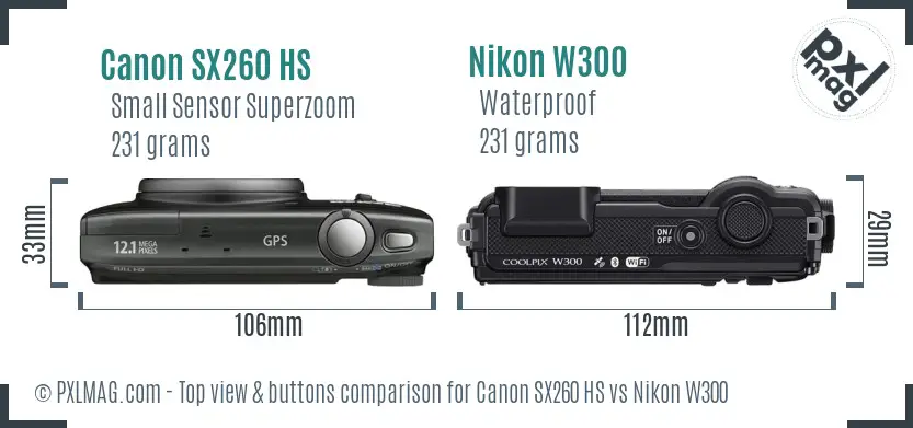 Canon SX260 HS vs Nikon W300 top view buttons comparison