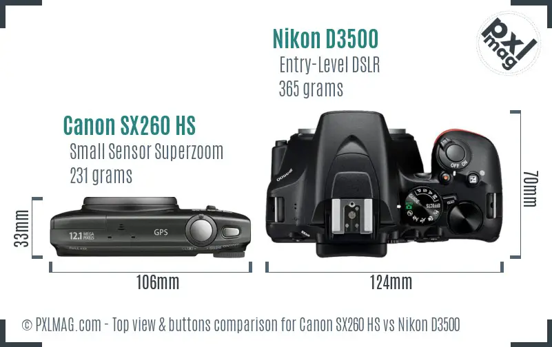 Canon SX260 HS vs Nikon D3500 top view buttons comparison