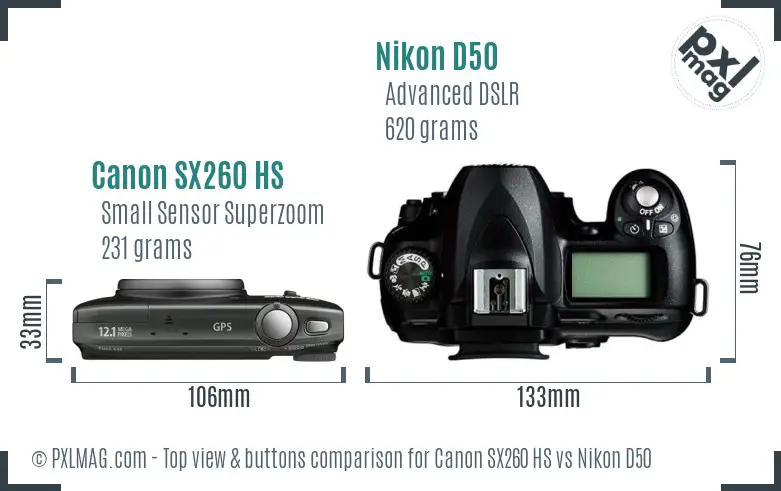 Canon SX260 HS vs Nikon D50 top view buttons comparison