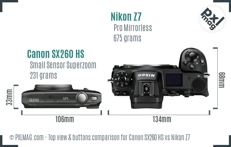 Canon SX260 HS vs Nikon Z7 top view buttons comparison
