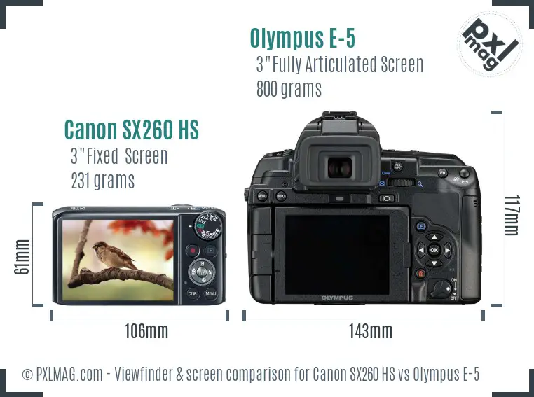 Canon SX260 HS vs Olympus E-5 Screen and Viewfinder comparison