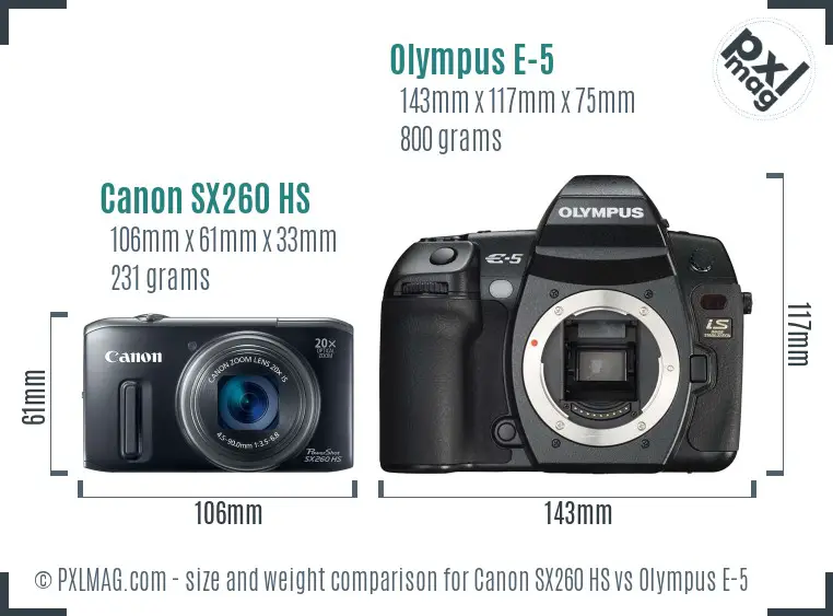 Canon SX260 HS vs Olympus E-5 size comparison