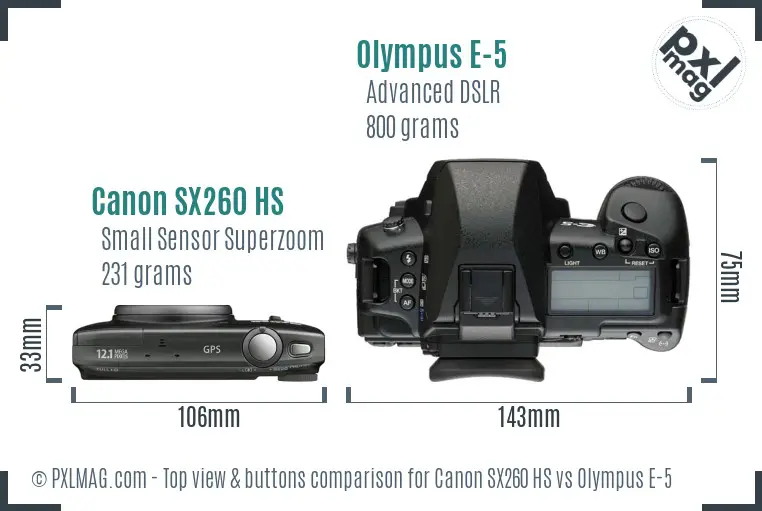 Canon SX260 HS vs Olympus E-5 top view buttons comparison