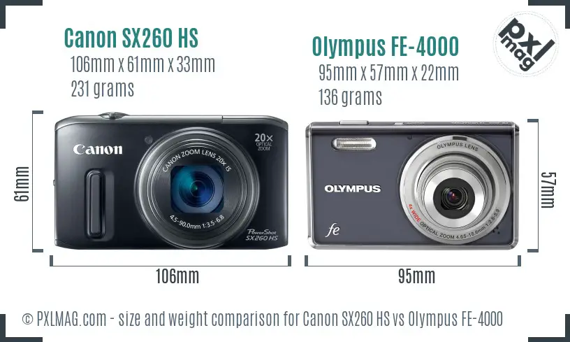 Canon SX260 HS vs Olympus FE-4000 size comparison