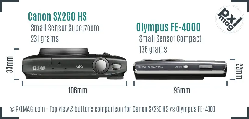 Canon SX260 HS vs Olympus FE-4000 top view buttons comparison