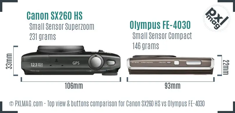 Canon SX260 HS vs Olympus FE-4030 top view buttons comparison