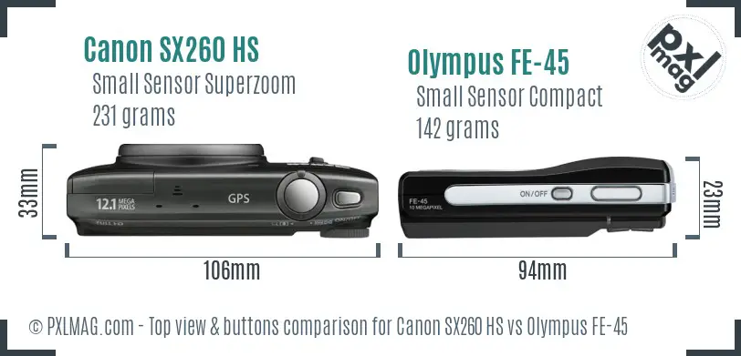 Canon SX260 HS vs Olympus FE-45 top view buttons comparison