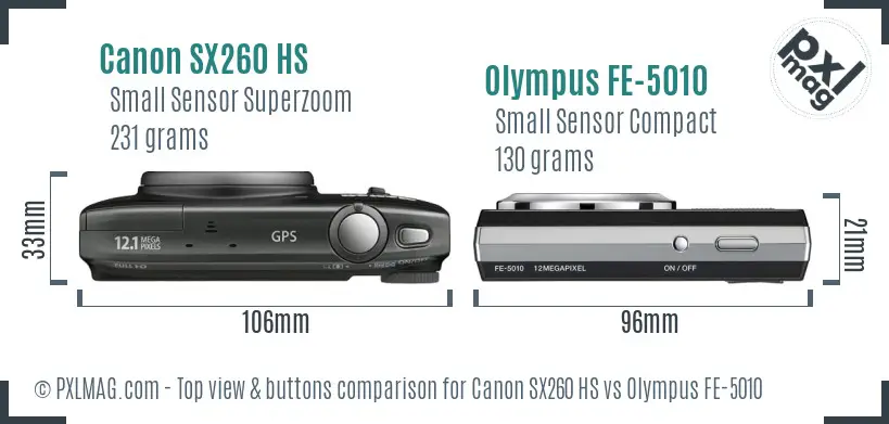 Canon SX260 HS vs Olympus FE-5010 top view buttons comparison