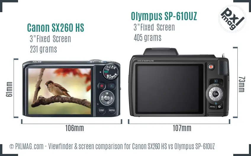 Canon SX260 HS vs Olympus SP-610UZ Screen and Viewfinder comparison