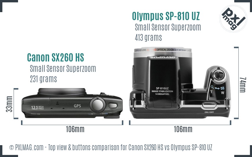 Canon SX260 HS vs Olympus SP-810 UZ top view buttons comparison