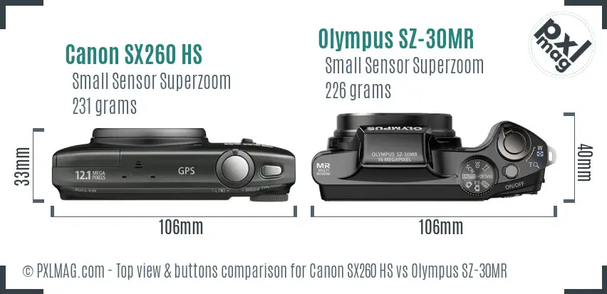 Canon SX260 HS vs Olympus SZ-30MR top view buttons comparison