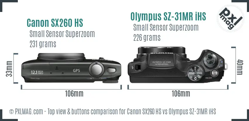 Canon SX260 HS vs Olympus SZ-31MR iHS top view buttons comparison