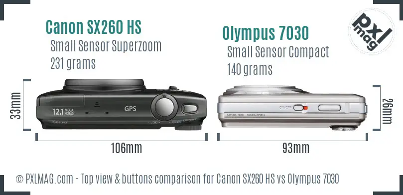 Canon SX260 HS vs Olympus 7030 top view buttons comparison Canon SX260 HS vs Olympus 7030 top view buttons comparison