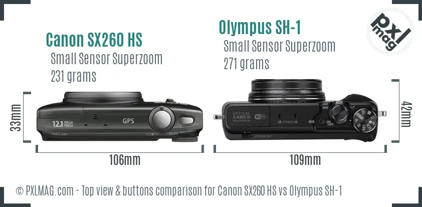 Canon SX260 HS vs Olympus SH-1 top view buttons comparison