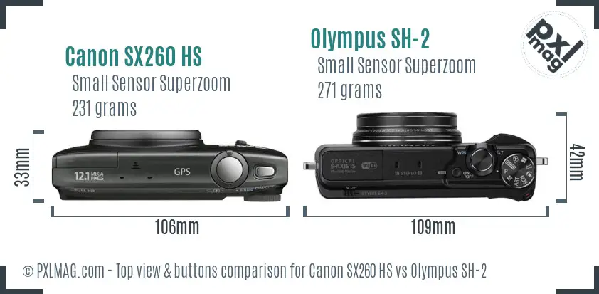 Canon SX260 HS vs Olympus SH-2 top view buttons comparison Canon SX260 HS vs Olympus SH-2 top view buttons comparison