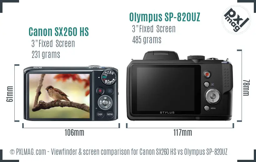 Canon SX260 HS vs Olympus SP-820UZ Screen and Viewfinder comparison