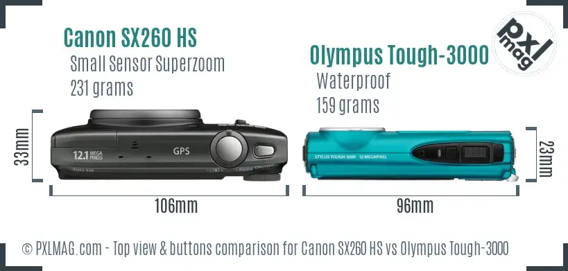Canon SX260 HS vs Olympus Tough-3000 top view buttons comparison Canon SX260 HS vs Olympus Tough-3000 top view buttons comparison