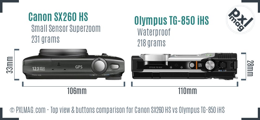 Canon SX260 HS vs Olympus TG-850 iHS top view buttons comparison