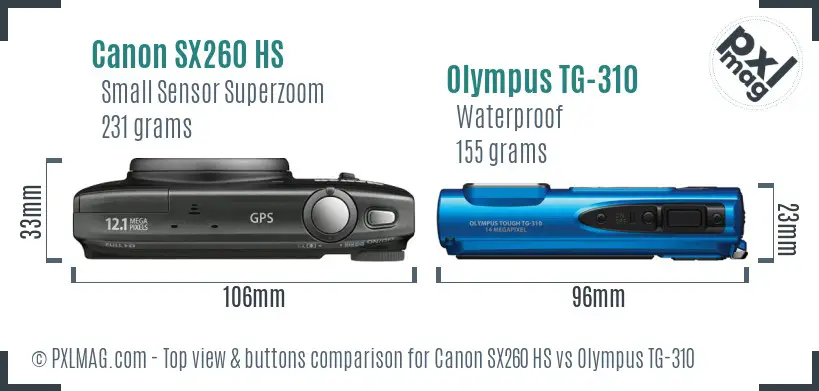 Canon SX260 HS vs Olympus TG-310 top view buttons comparison