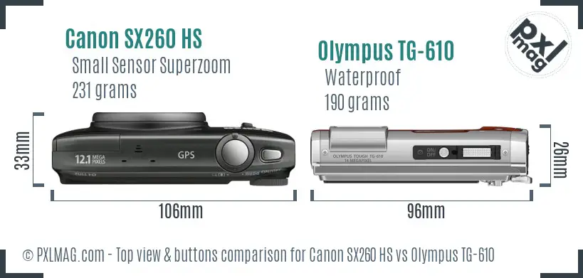 Canon SX260 HS vs Olympus TG-610 top view buttons comparison