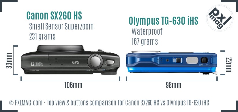 Canon SX260 HS vs Olympus TG-630 iHS top view buttons comparison