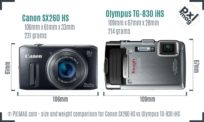 Canon SX260 HS vs Olympus TG-830 iHS size comparison