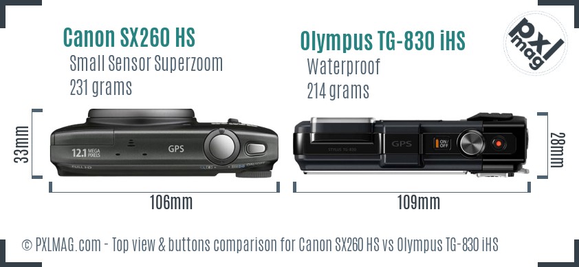 Canon SX260 HS vs Olympus TG-830 iHS top view buttons comparison