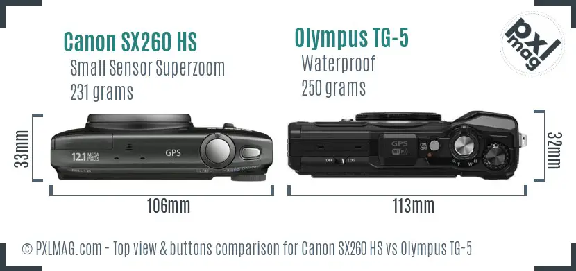 Canon SX260 HS vs Olympus TG-5 top view buttons comparison