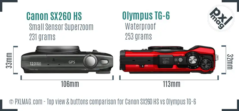 Canon SX260 HS vs Olympus TG-6 top view buttons comparison