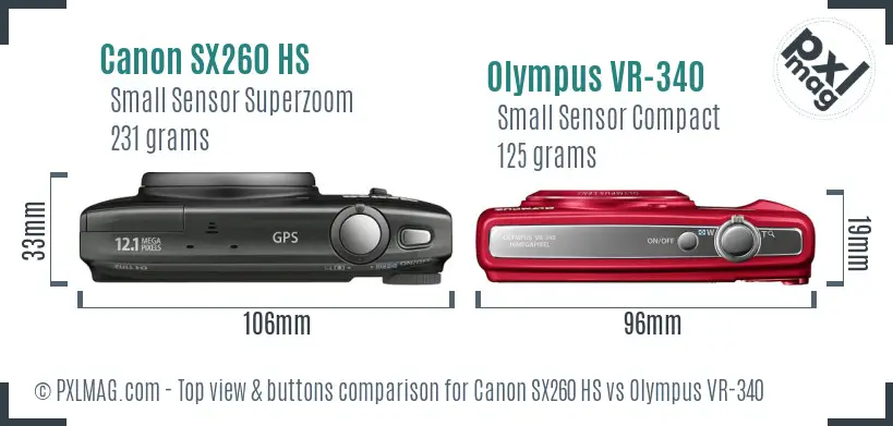 Canon SX260 HS vs Olympus VR-340 top view buttons comparison Canon SX260 HS vs Olympus VR-340 top view buttons comparison