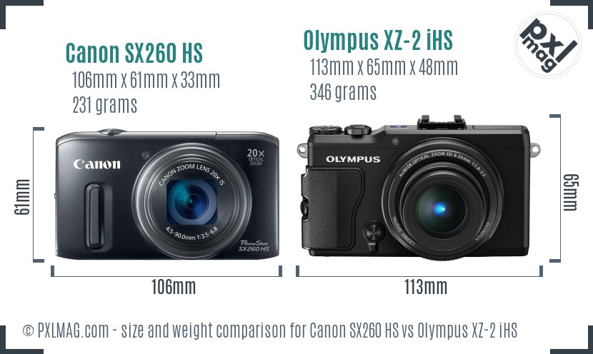 Canon SX260 HS vs Olympus XZ-2 iHS size comparison