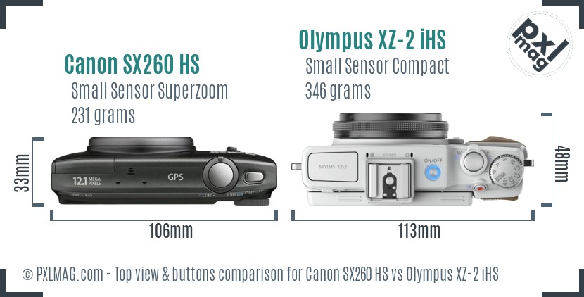 Canon SX260 HS vs Olympus XZ-2 iHS top view buttons comparison