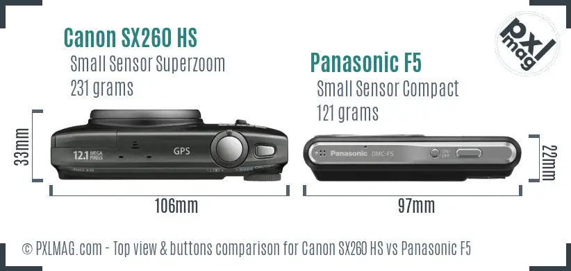 Canon SX260 HS vs Panasonic F5 top view buttons comparison Canon SX260 HS vs Panasonic F5 top view buttons comparison