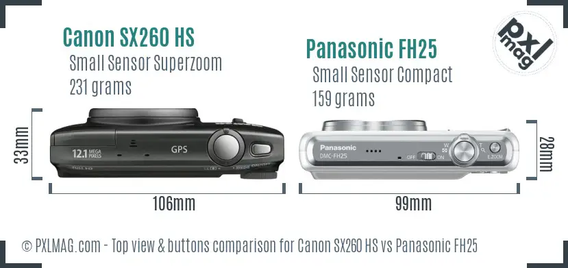 Canon SX260 HS vs Panasonic FH25 top view buttons comparison Canon SX260 HS vs Panasonic FH25 top view buttons comparison