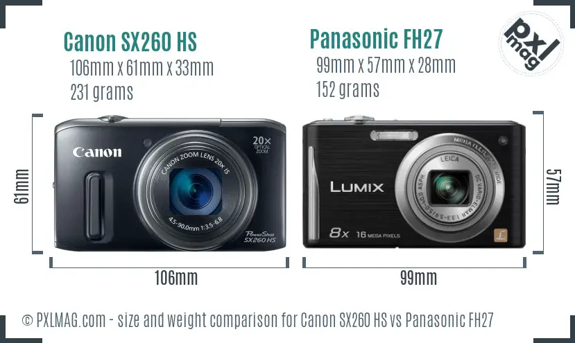 Canon SX260 HS vs Panasonic FH27 size comparison