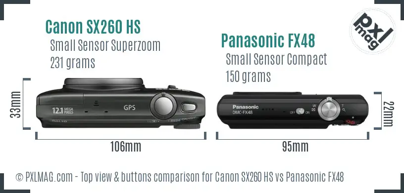 Canon SX260 HS vs Panasonic FX48 top view buttons comparison Canon SX260 HS vs Panasonic FX48 top view buttons comparison