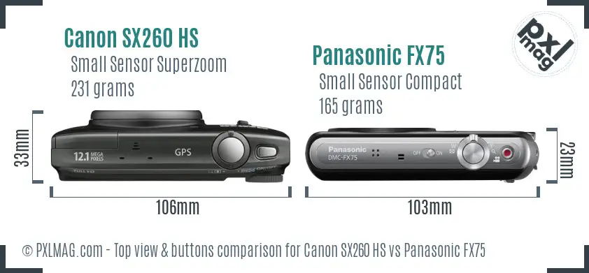Canon SX260 HS vs Panasonic FX75 top view buttons comparison