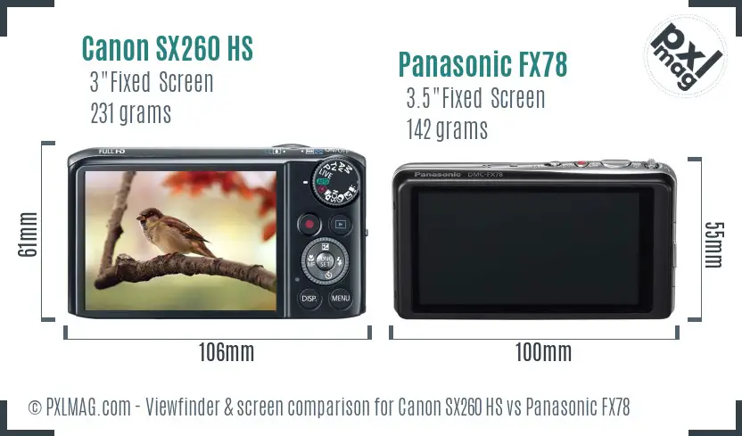 Canon SX260 HS vs Panasonic FX78 Screen and Viewfinder comparison