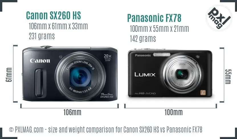 Canon SX260 HS vs Panasonic FX78 size comparison